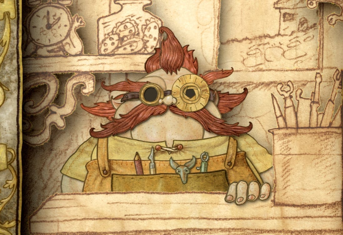A curious character with a big red moustache in his workshop