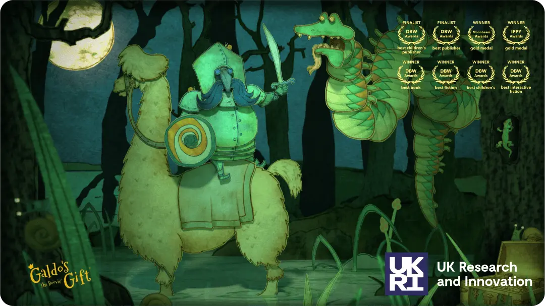 A little green knight in rusty armour on a llama fighting a giant serpent